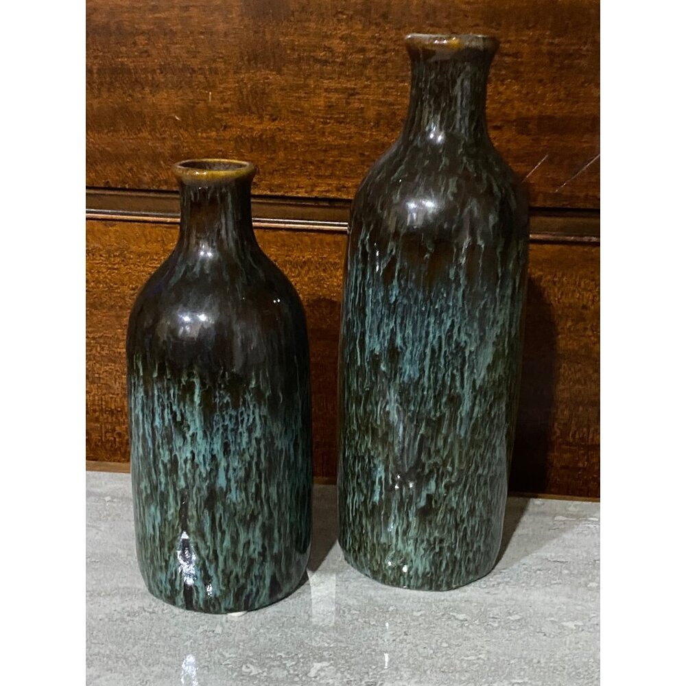 Handcrafted Ceramic Vase Set With Green & Brown Glaze Finish